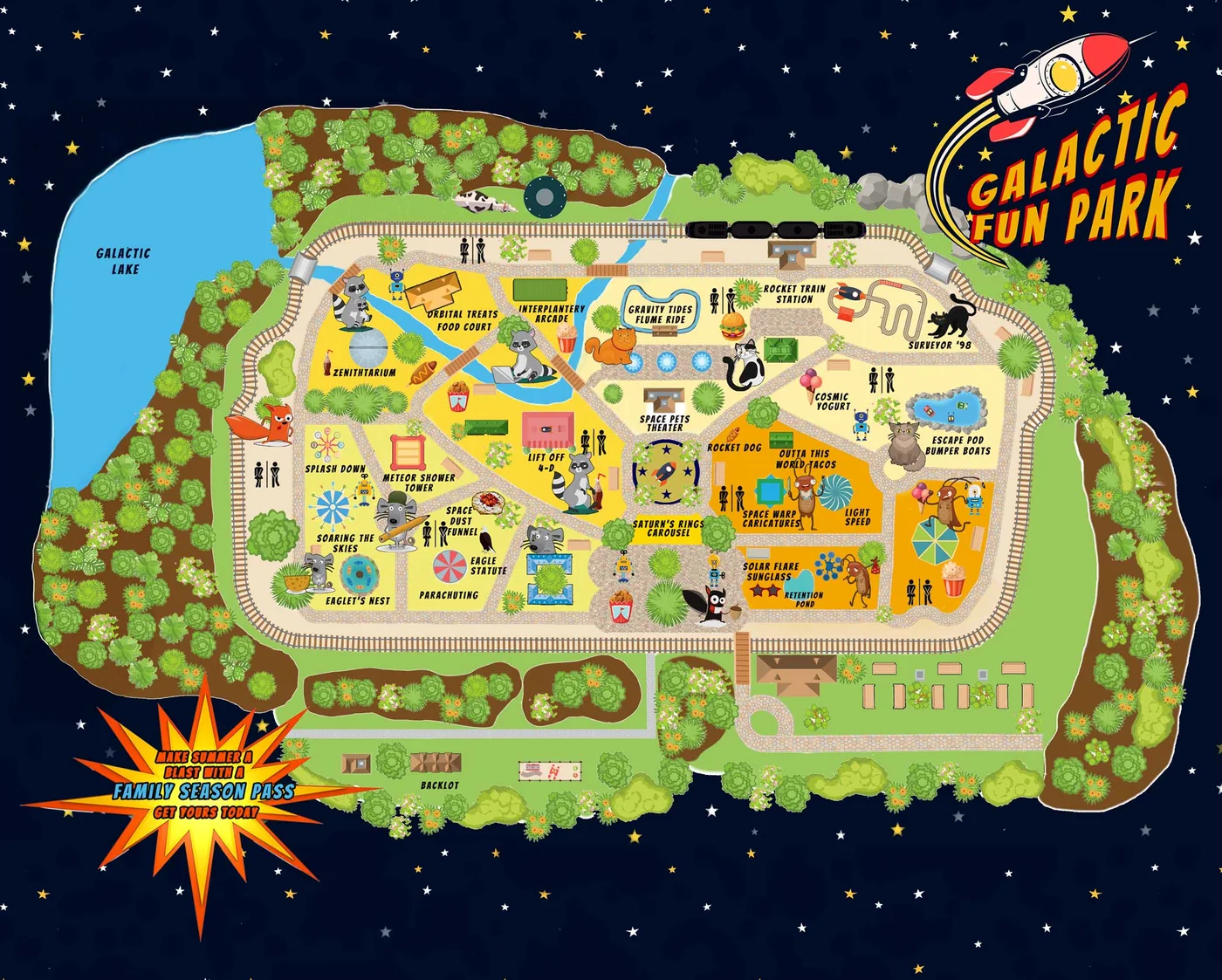Illustrated map of Galactic Fun Park, showing Galactic Lake, the Rocket Train loop, and attractions including the Zenithtarium, Interplantery Arcade, Gravity Tides Flume Ride, Escape Pod Bumper Boats, and Saturn's Rings Carousel